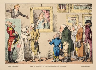 Una giornata di moda - Al mattino visita da Christies, pub. 1813 (incisione colorata a mano) da George Cruikshank